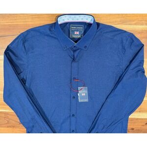 Guide London Premium Range Navy Blue Stretch Long Sleeve Button Down Shirt L NWT